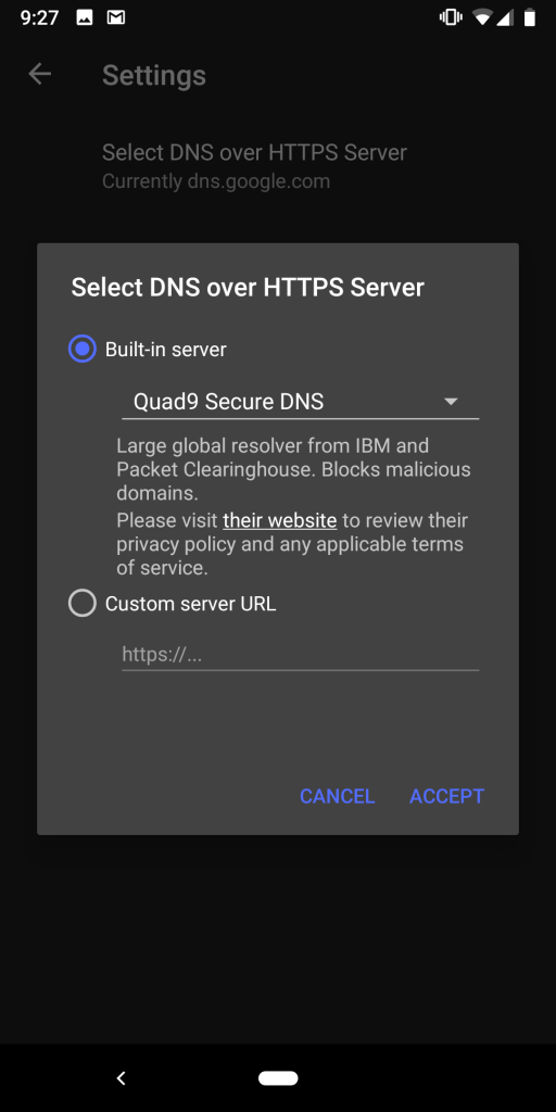 Quad9 Secure DNS Intra